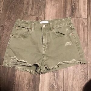 Primark Olive Green Distressed High-Rise Denim Shorts